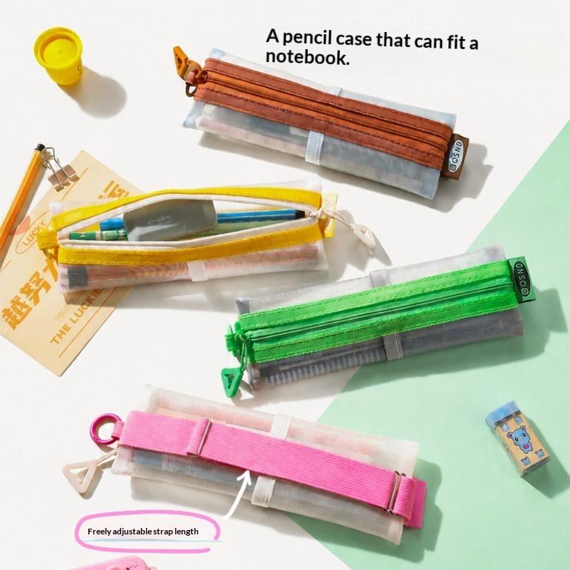 Clear Mesh Pencil Pouch For Exam - กระเป๋าใส่ดินสอตาข่ายโปร่งใส ซิปคู่ สายรัดปรับได้ ระบายอากาศได้ดี กระเป๋าใสสำหรับเครื่องเขียน เหมาะสำหรับนักเรียนใช้ในการสอบ